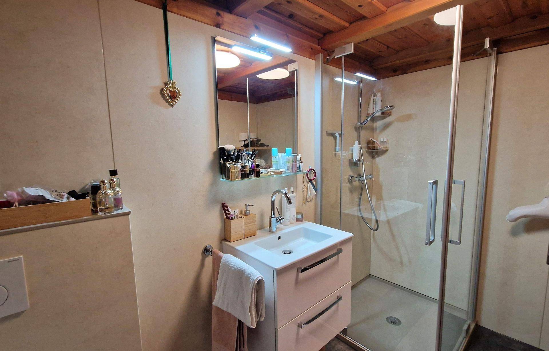 Modernes Badezimmer mit Duschkabine, Waschbecken und Spiegel.