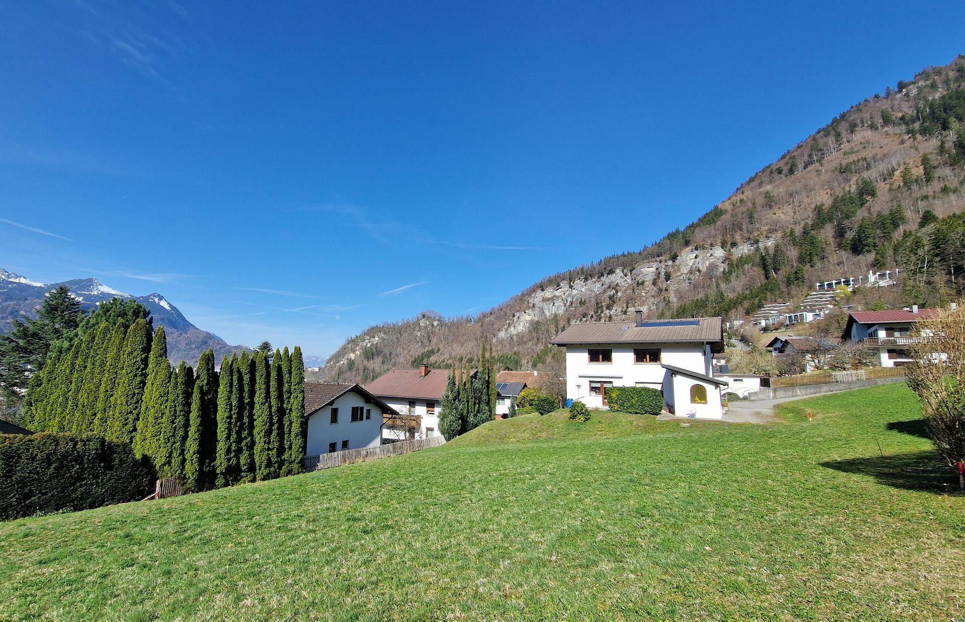 Wohnhäuser am Hang mit grüner Wiese im Vordergrund und bewaldetem Berg im Hintergrund.