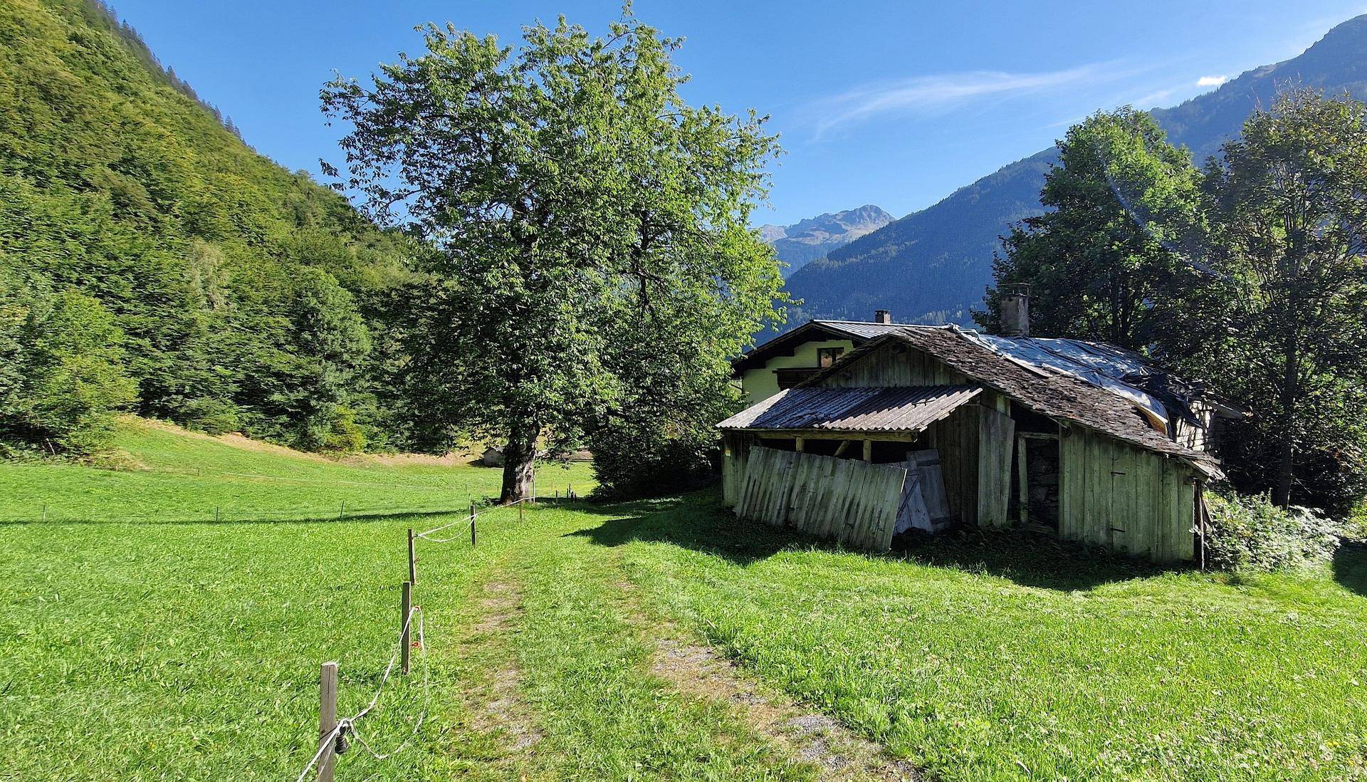 Rustikales Holzgebäude und ein Haus auf einer grünen Wiese mit einem großen Baum und Bergen im Hintergrund.