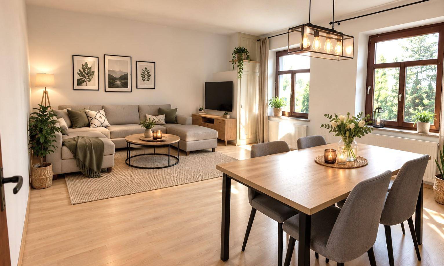Gemütlicher Wohn-Essbereich mit hellem Laminatboden, bequemer Couch und modernem Esstisch.