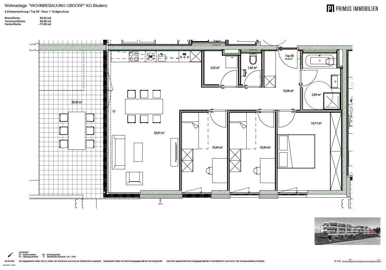 Grundriss einer 4-Zimmer-Wohnung mit großem offenem Wohnbereich, Terrasse und privatem Gartenanteil.