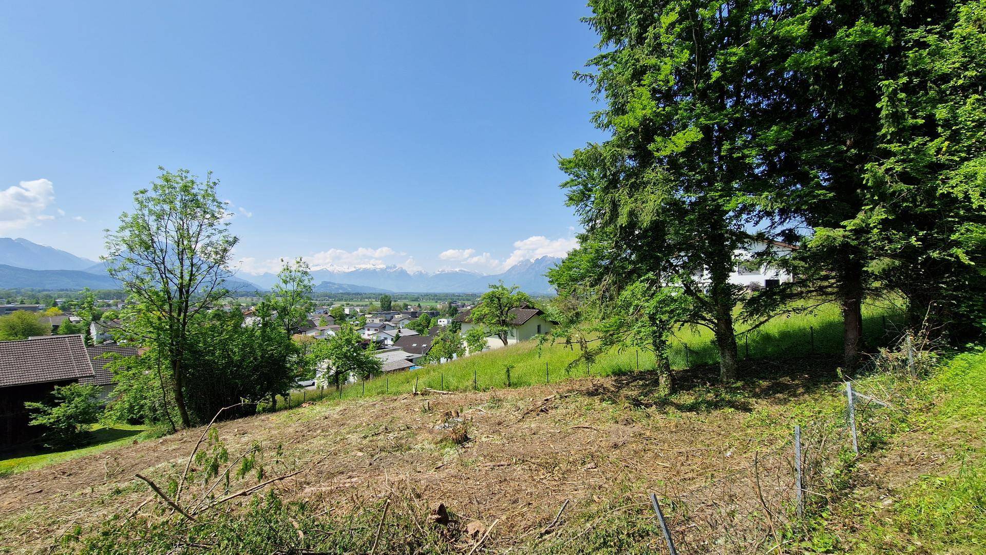 Panoramablick auf eine grüne Landschaft mit einem Dorf und schneebedeckten Bergen am Horizont.