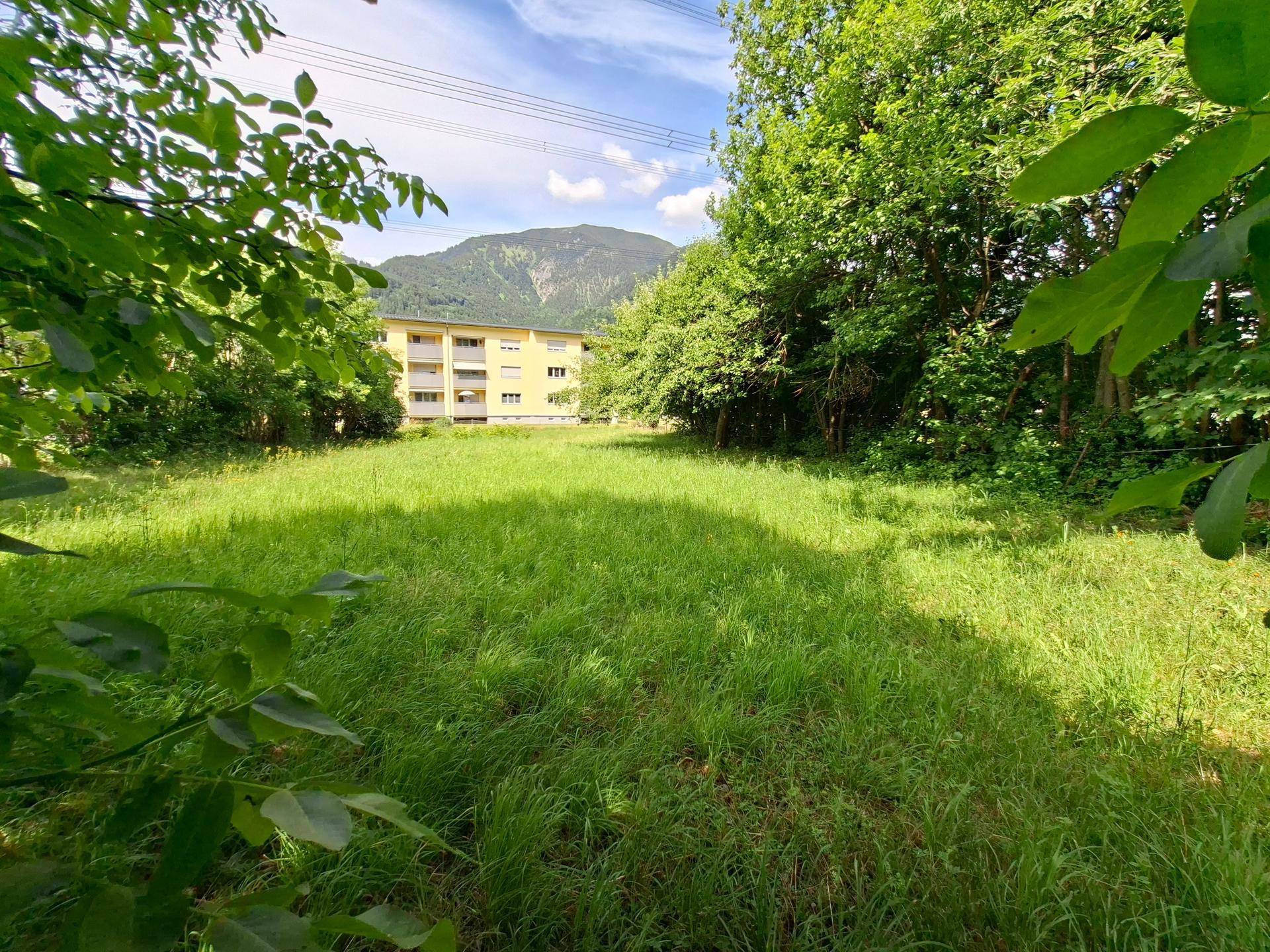 Weitläufige grüne Wiese mit Bäumen, im Hintergrund ein Mehrfamilienhaus und Berge unter blauem Himmel.