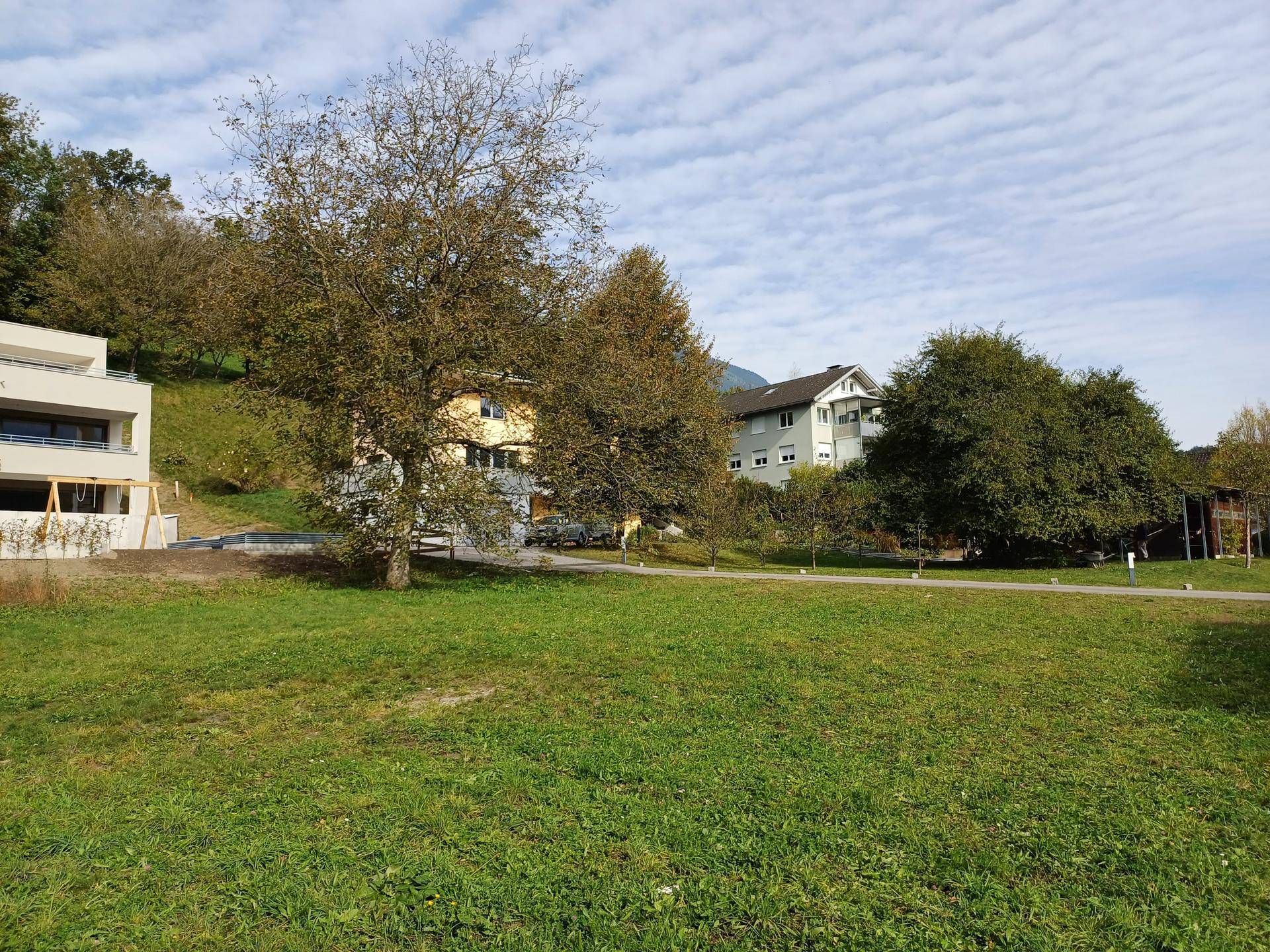 Offene Grünfläche mit Bäumen und verschiedenen Gebäuden im Hintergrund unter einem bewölkten Himmel.