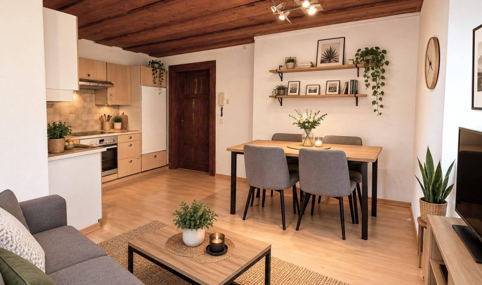 Offener Wohn-Essbereich mit integrierter Küche, Holzbalkendecke und moderner Dekoration.