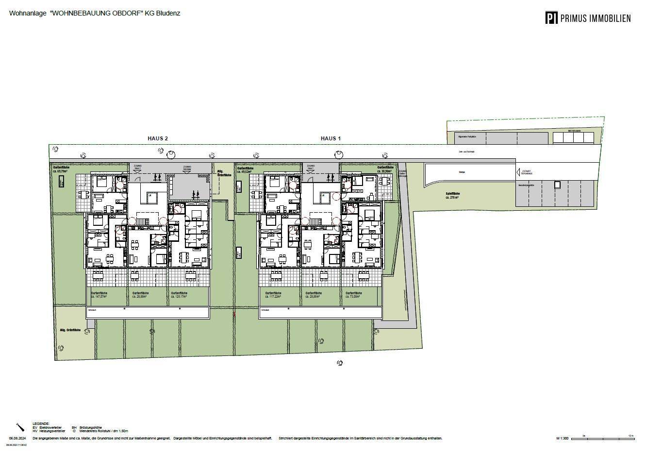 Gesamtgrundriss der oberen Etagen mit verschiedenen Wohnungstypen, Balkonen und Tiefgaragenzugang.