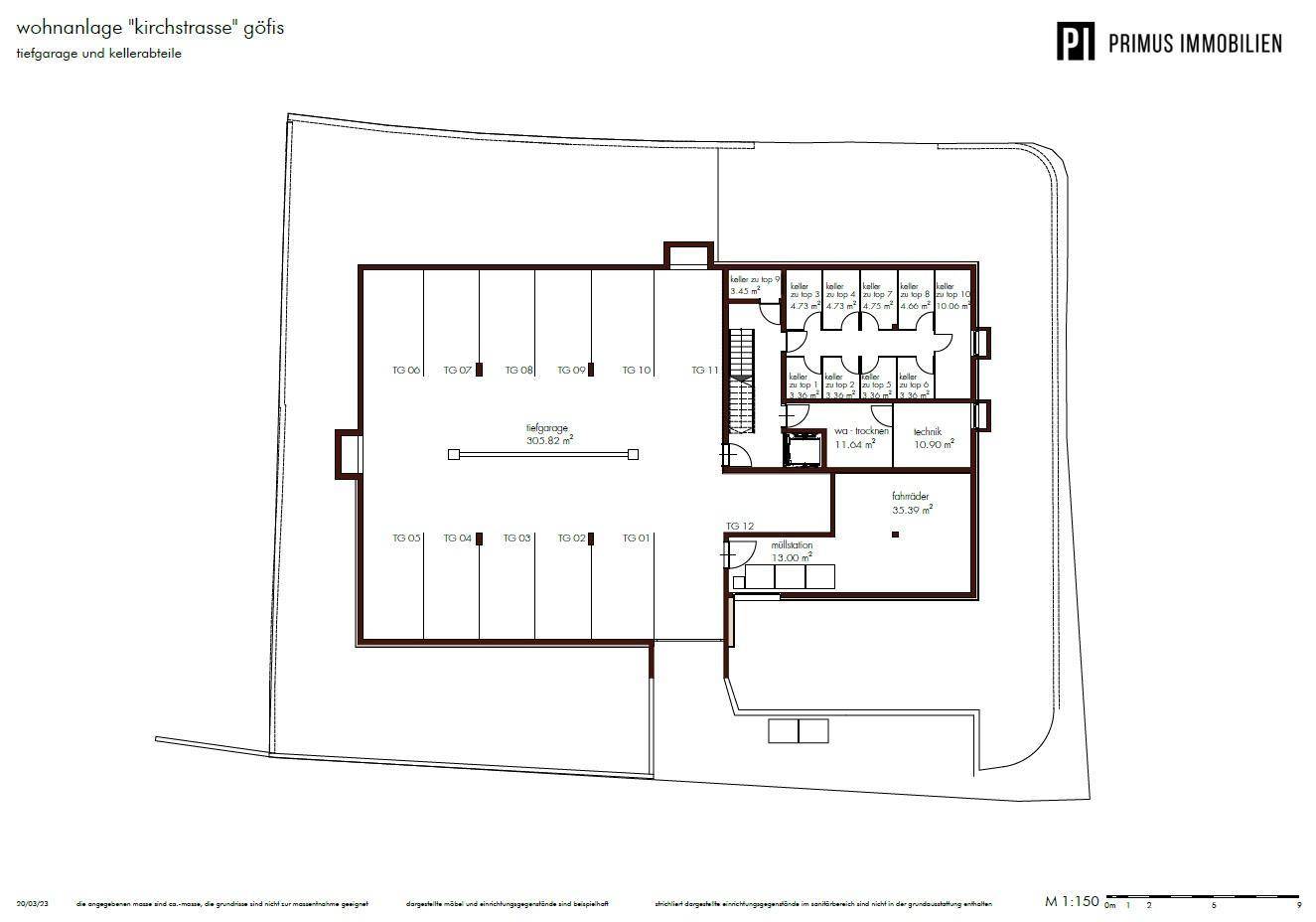Grundriss der Tiefgarage und der Kellerräume mit Abstellflächen und Technikräumen.