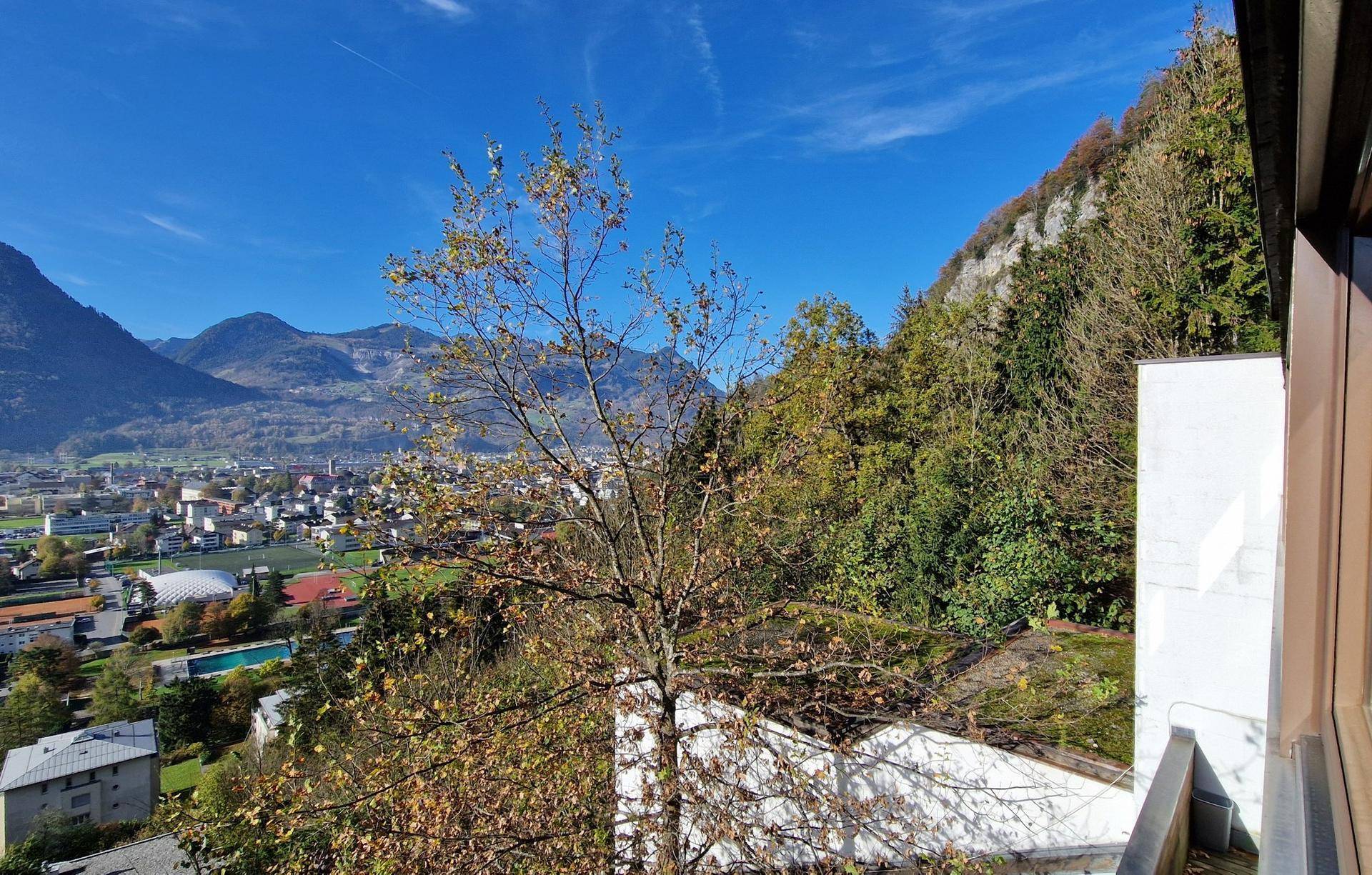 Blick vom Grundstück auf die bewaldeten Hänge und die darunter liegende Stadt.