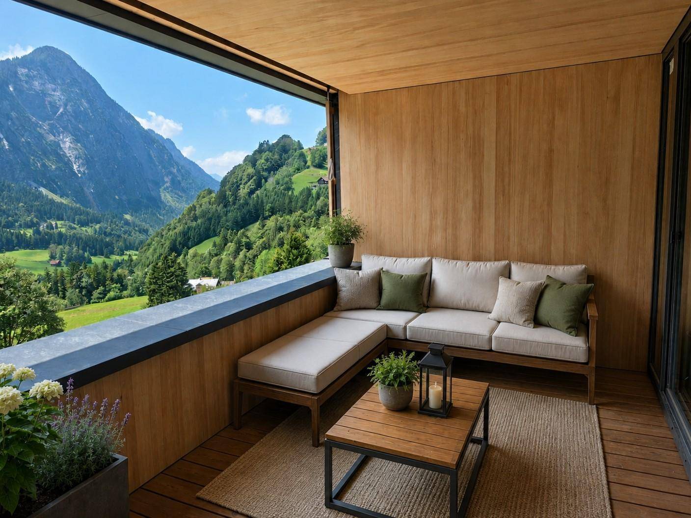 Geräumiger Balkon mit bequemen Loungemöbeln und einem atemberaubenden Panoramablick auf die Berge.