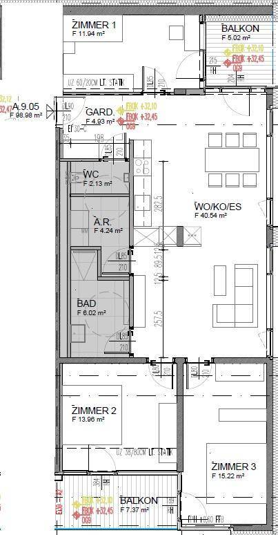 Grundriss einer Wohnung mit drei Schlafzimmern, offenem Wohnbereich, Bad, separatem WC und zwei Balkonen.
