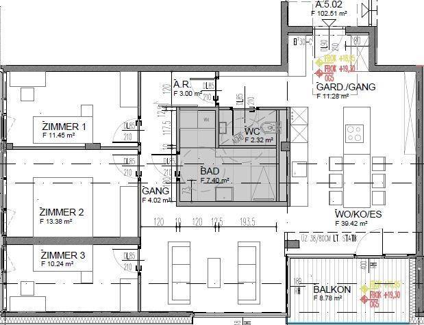 Grundriss einer Wohnung mit drei Schlafzimmern, offenem Wohnbereich, Bad, separatem WC und Balkon.