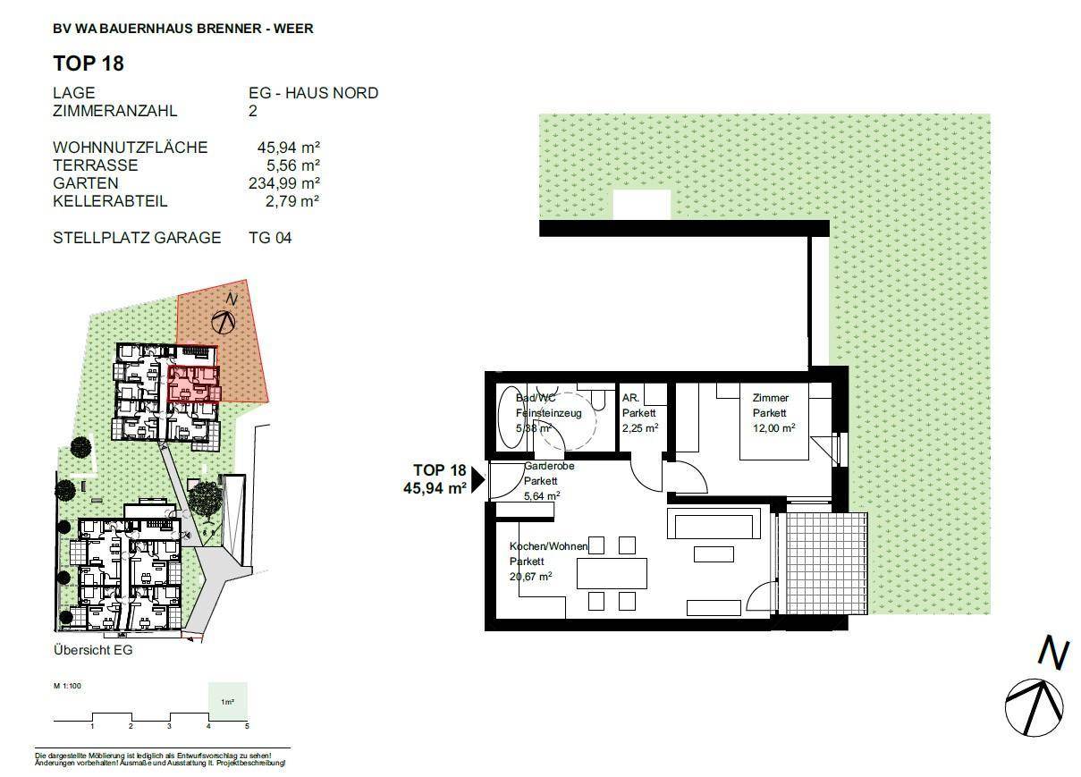 Verfügbare 2 Zimmer Gartenwohnung Top 18