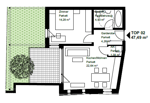 Verfügbare 2 Zimmer Gartenwohnung Top 2