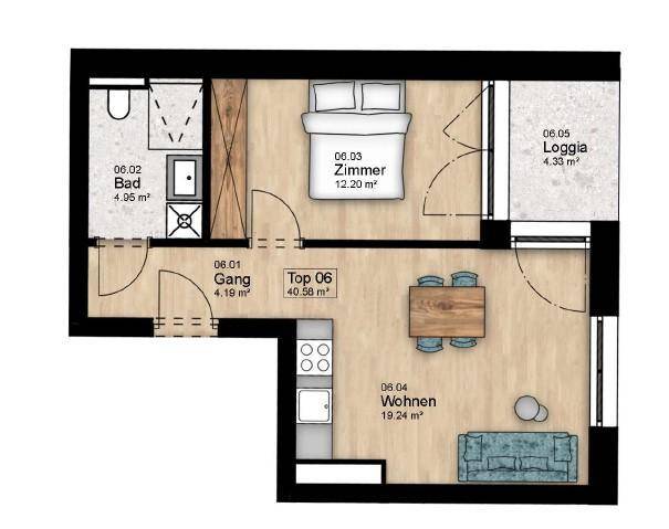 Grundriss einer Wohnung mit Schlafzimmer, Bad, offenem Wohnbereich und Loggia.