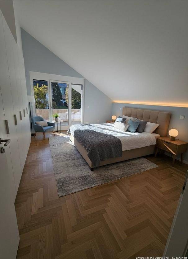 Gemütliches Schlafzimmer im Dachgeschoss mit Holzboden, schrägen Wänden und direktem Zugang zum Balkon.