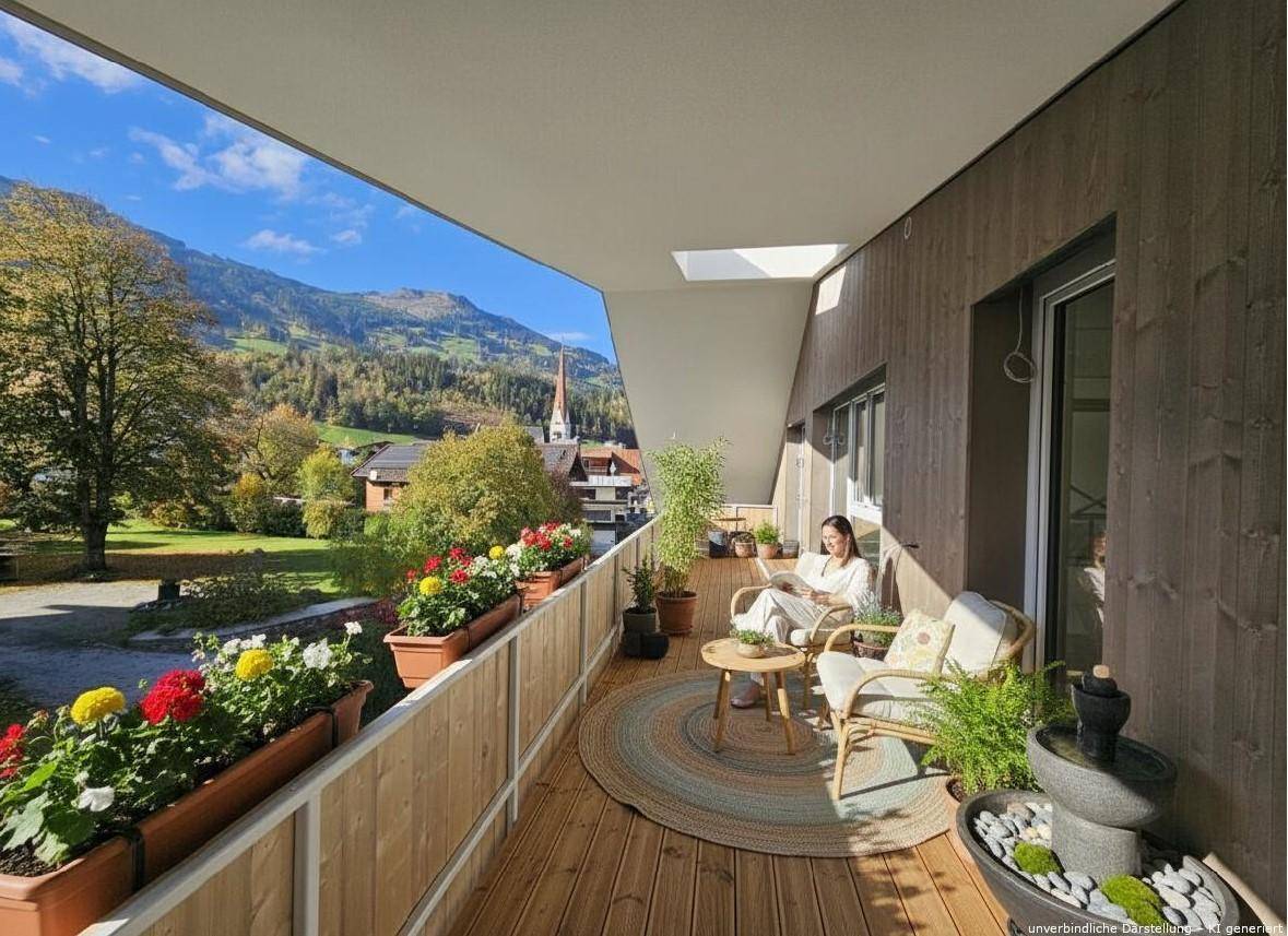 Sonniger Balkon mit Holzboden, Blumenkästen und malerischem Blick auf die Berge und das Dorf.