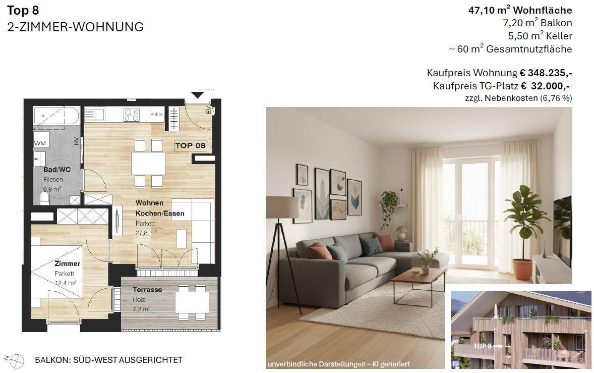 Grundriss der 2-Zimmer-Wohnung Top 8 mit Terrasse und offenem Wohn-Koch-Essbereich.