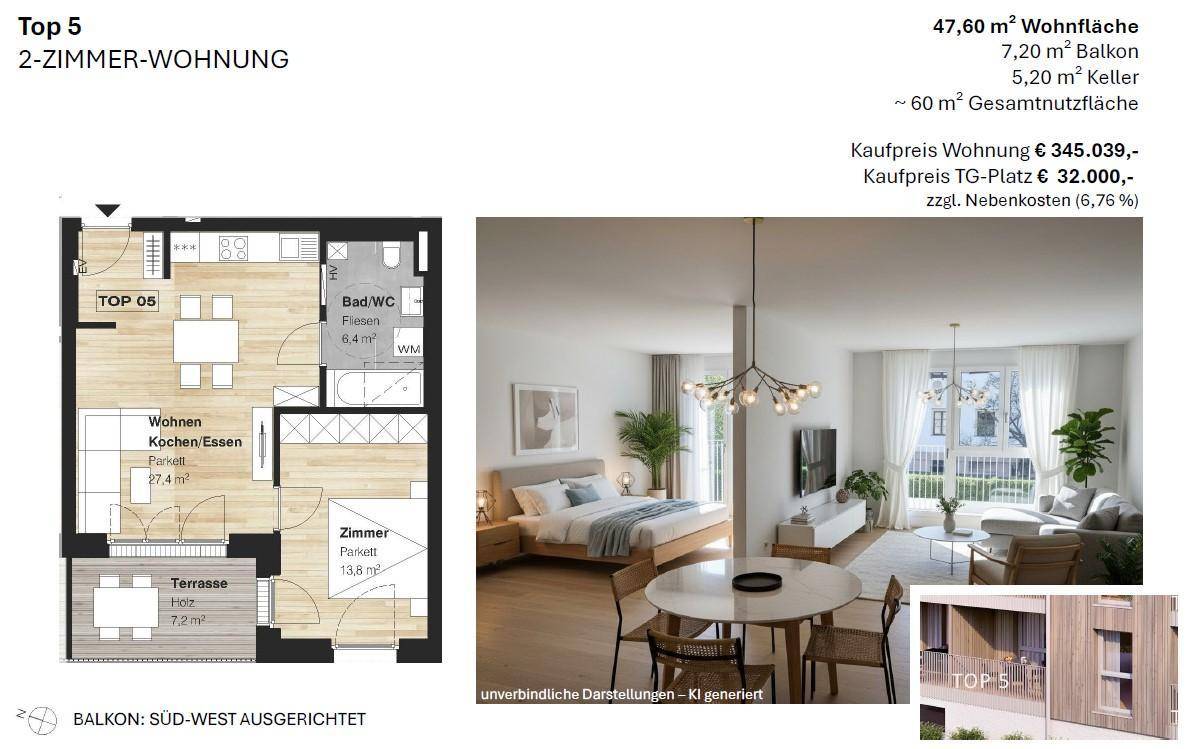 Grundriss der 2-Zimmer-Wohnung Top 5 mit Terrasse und offenem Wohn-Koch-Essbereich.
