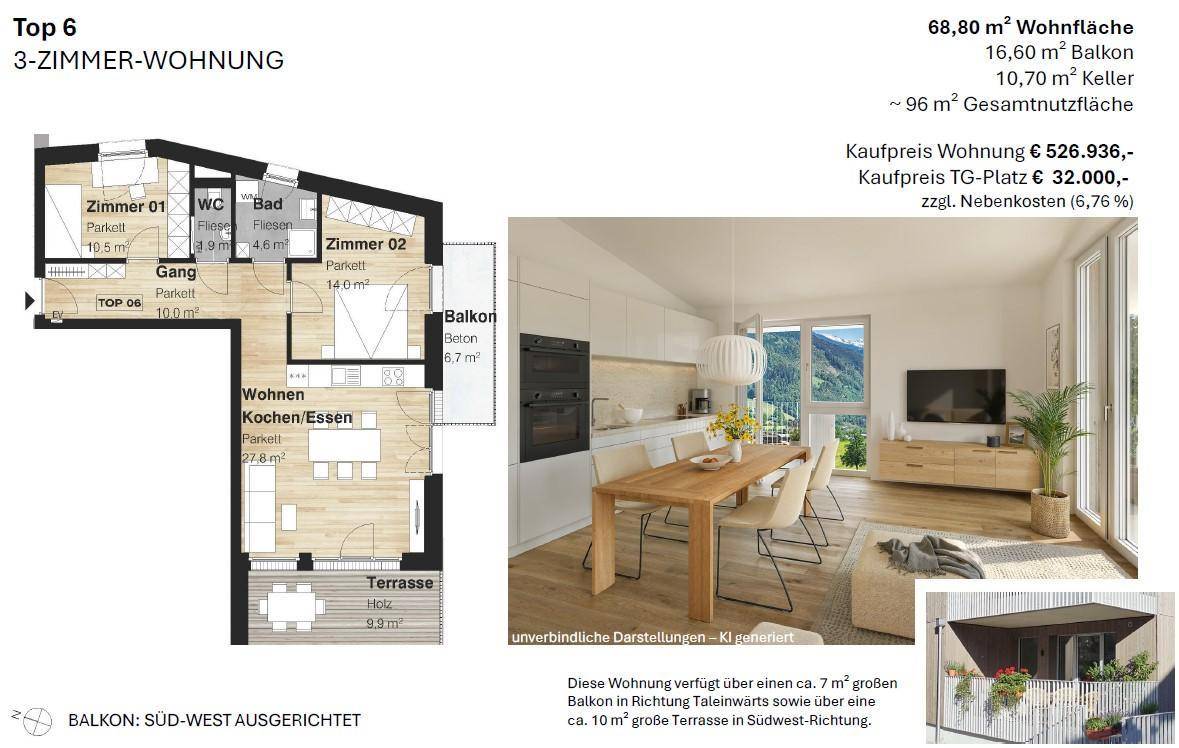 Grundriss der 3-Zimmer-Wohnung Top 6 mit Balkon, Terrasse und offenem Wohn-Koch-Essbereich.