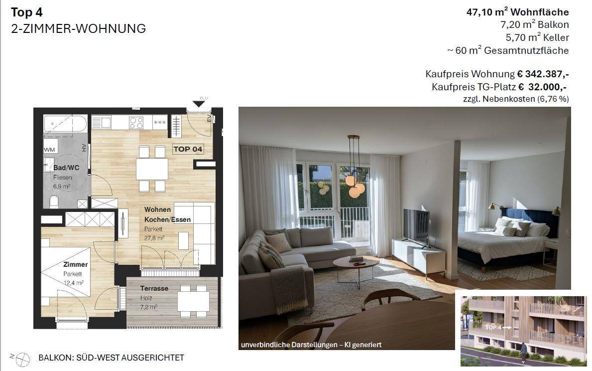 Grundriss der 2-Zimmer-Wohnung Top 4 mit Terrasse und offenem Wohn-Koch-Essbereich.