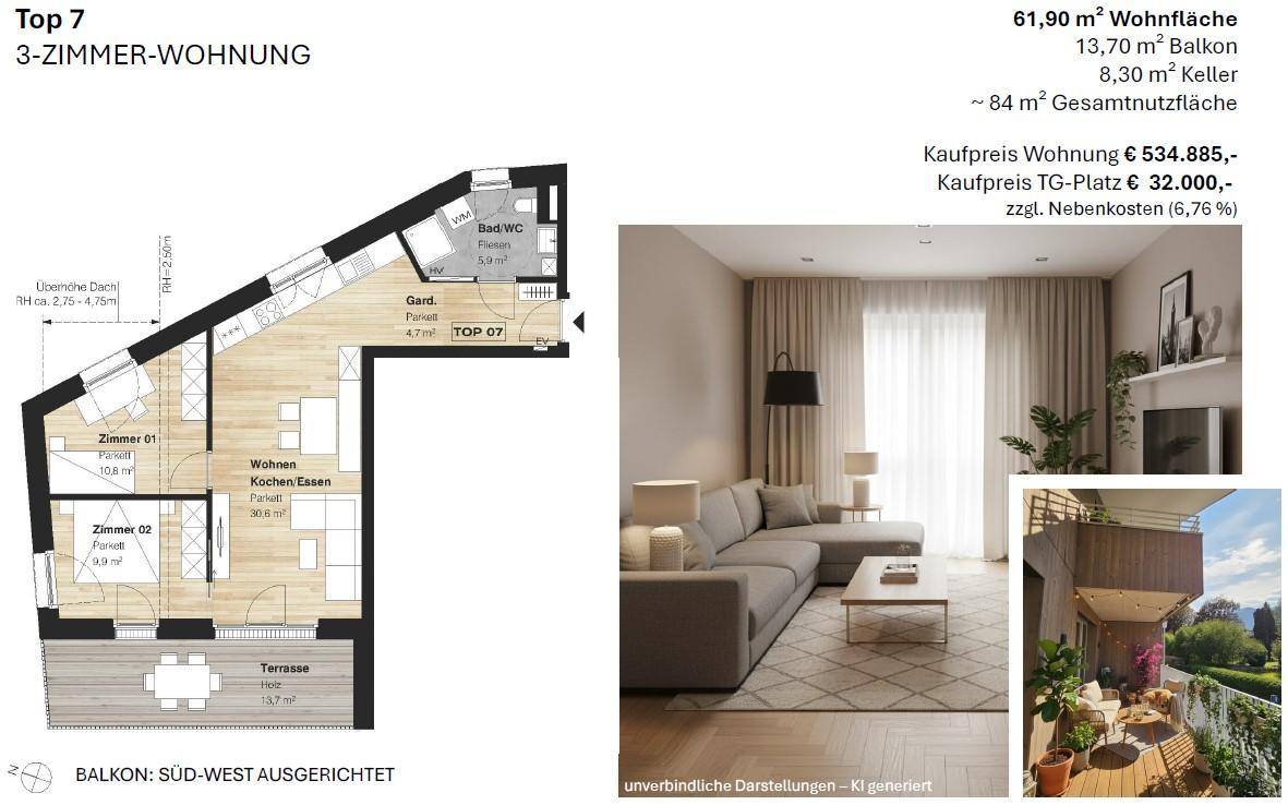 Grundriss der 3-Zimmer-Wohnung Top 7 mit Terrasse und offenem Wohn-Koch-Essbereich.