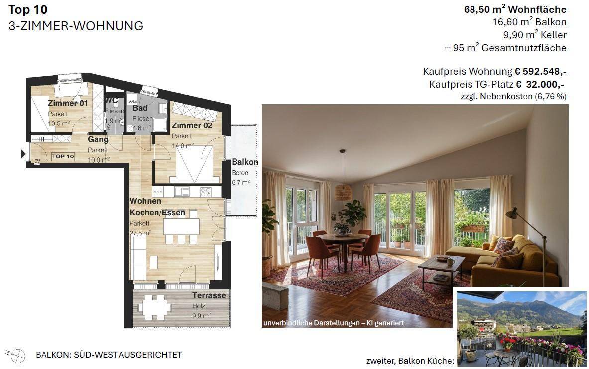 Grundriss der 3-Zimmer-Wohnung Top 10 mit Balkon, Terrasse und offenem Wohn-Koch-Essbereich.
