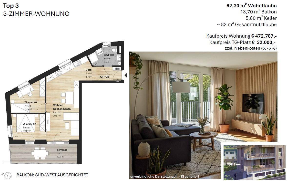 Grundriss der 3-Zimmer-Wohnung Top 3 mit Balkon und integriertem Wohn-Koch-Essbereich.