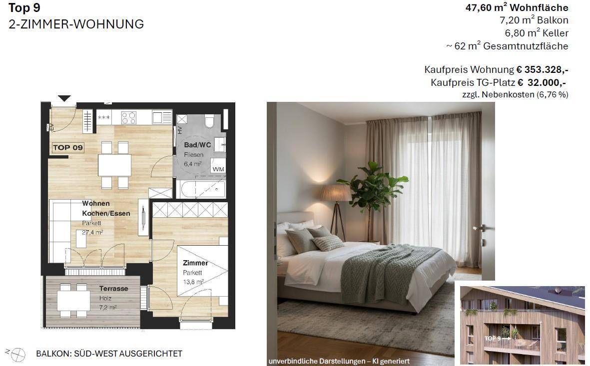 Grundriss der 2-Zimmer-Wohnung Top 9 mit Terrasse und offenem Wohn-Koch-Essbereich.