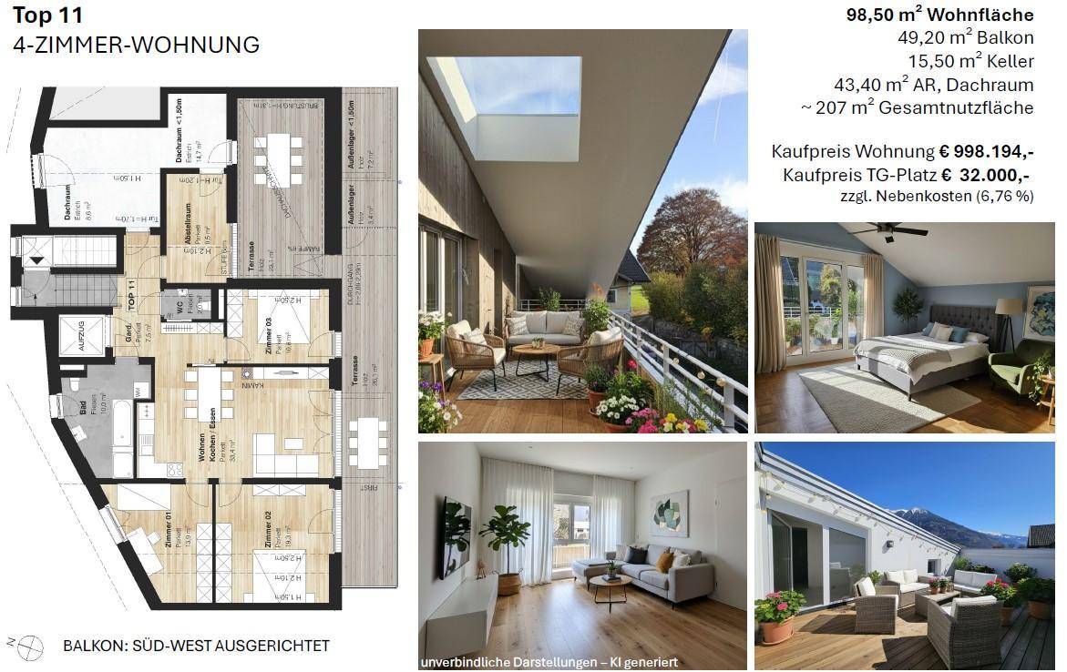 Grundriss der 4-Zimmer-Wohnung Top 11 mit großem Balkon, Dachraum und offener Wohnküche.