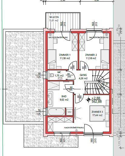Grundriss des Obergeschosses von Haus A mit drei Schlafzimmern, einem Badezimmer mit Wanne und Dusche sowie Balkon.