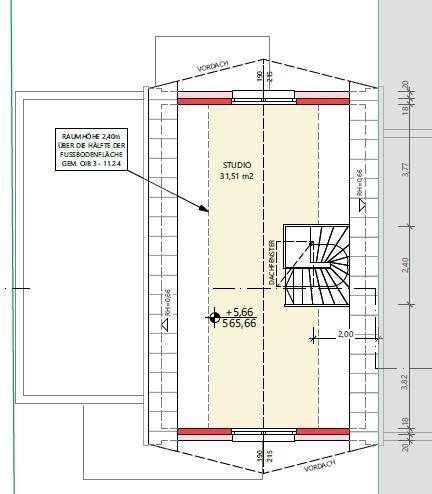 Grundriss des Dachgeschosses von Haus A mit einem geräumigen Studiobereich, Dachfenstern und Schrägen.