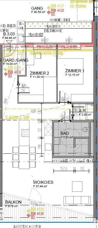 Grundriss-Ausschnitt mit Wohn-Koch-Essbereich, zwei Schlafzimmern, Bad und Balkon.