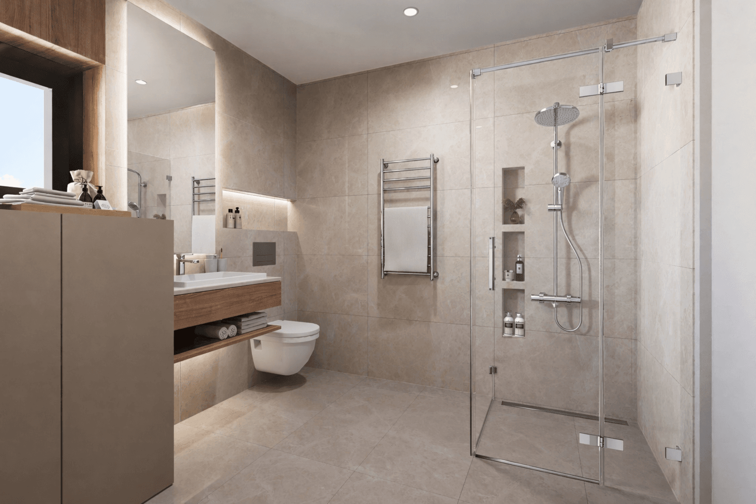 Modernes Badezimmer mit beigefarbenen Fliesen, ebenerdiger Dusche, Fenster und beheiztem Handtuchhalter.