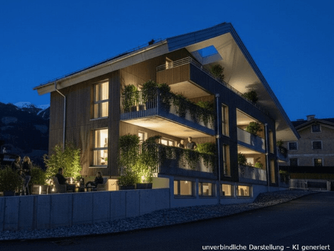Modernes Gebäude bei Nacht mit beleuchteten Balkonen und einer gemütlichen Terrasse im Erdgeschoss mit Sitzgelegenheiten.