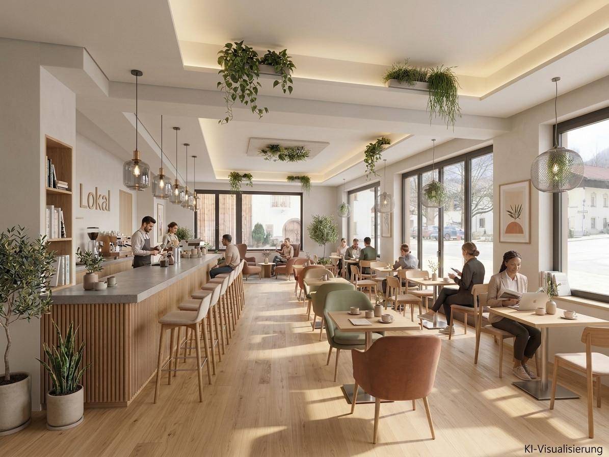 Helles Café mit langer Bar, gemütlichen Sitzbereichen und großen Fenstern, die viel Tageslicht hereinlassen.
