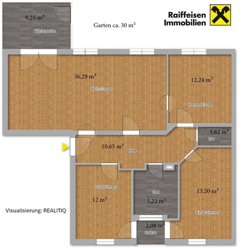 Detaillierter Grundriss einer Wohnung mit Wohnzimmer, Küche, Schlafzimmer und Wintergarten.
