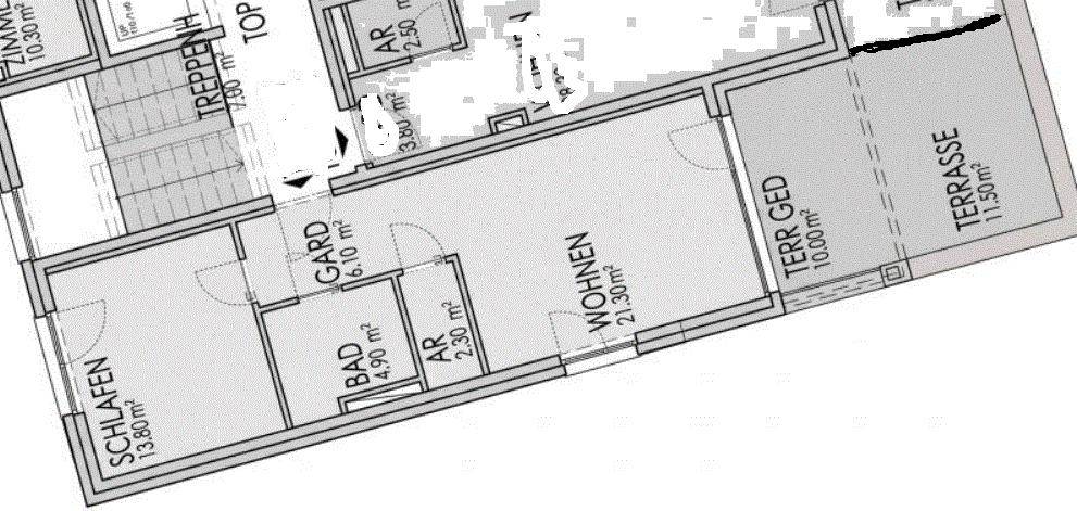 Grundriss des Erdgeschosses mit Wohnbereich, Schlafzimmer und Terrasse.