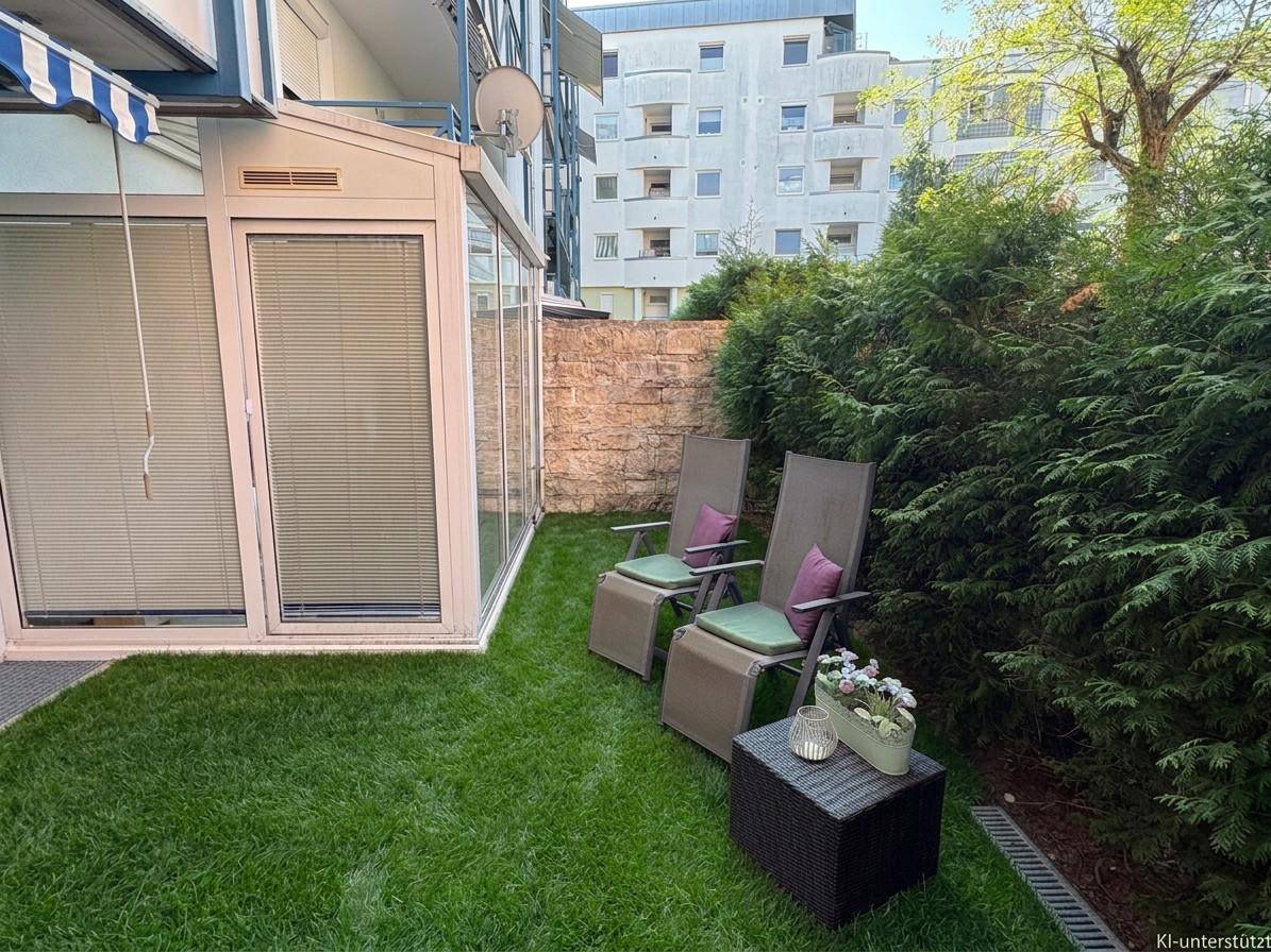 Kleiner Gartenbereich mit Kunstrasen, Liegestühlen und einem Beistelltisch, umgeben von einer Hecke.