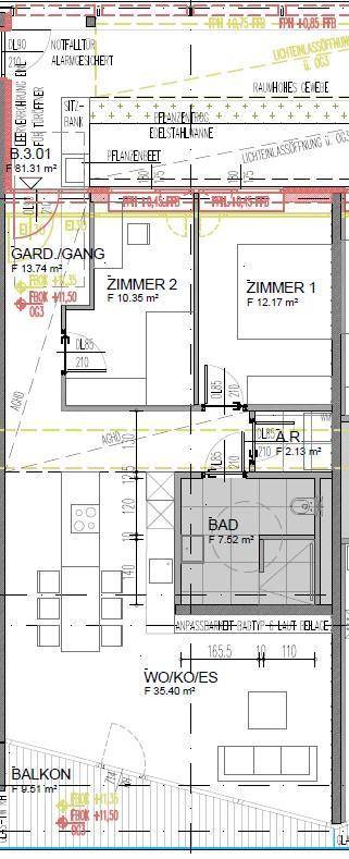 Grundriss einer Wohnung mit offener Wohnküche, zwei Zimmern, Bad und Balkon.
