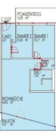 Grundriss einer Wohnung mit offener Wohnküche, zwei Zimmern, Bad und Balkon.