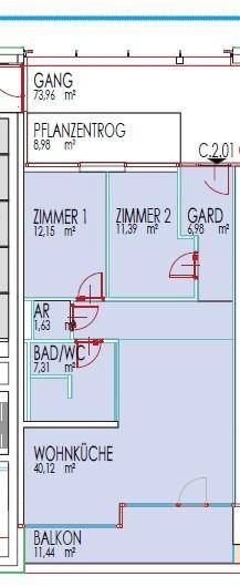 Grundriss einer Wohnung mit offener Wohnküche, zwei Zimmern, Bad/WC und Balkon.