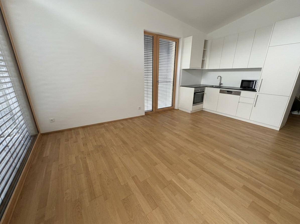 Offener Wohnbereich mit integrierter moderner Küchenzeile und Holzboden.