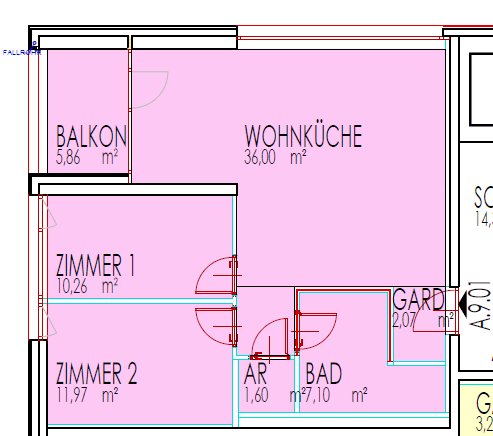 Grundriss einer Wohnung mit offener Wohnküche, zwei Zimmern, Bad, Abstellraum und Balkon.