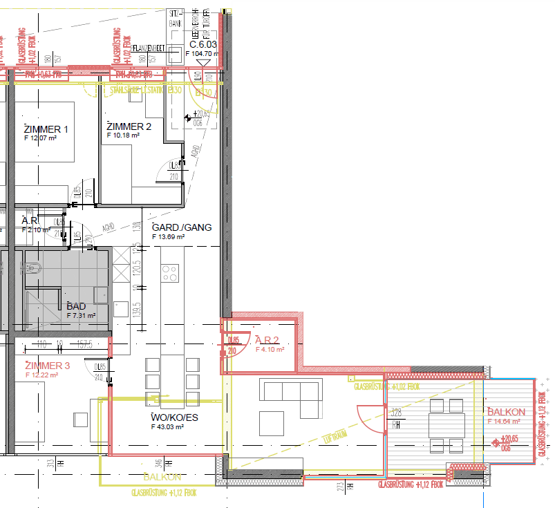 Grundriss einer Wohnung mit drei Schlafzimmern, offenem Wohnbereich, Bad, separatem WC und zwei Balkonen.