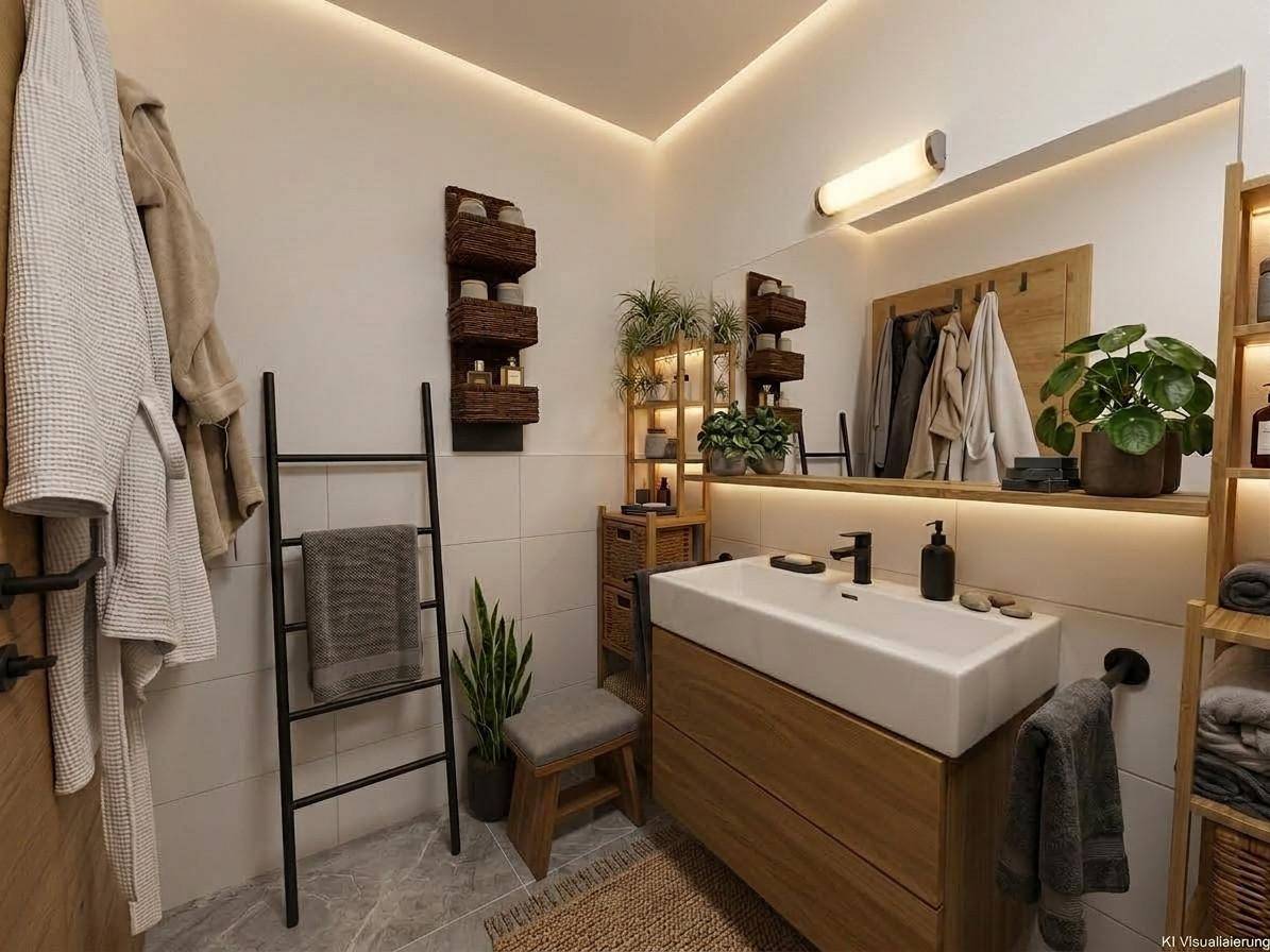 Modernes Badezimmer mit Holzwaschtisch, Einzelwaschbecken und indirekter Beleuchtung.