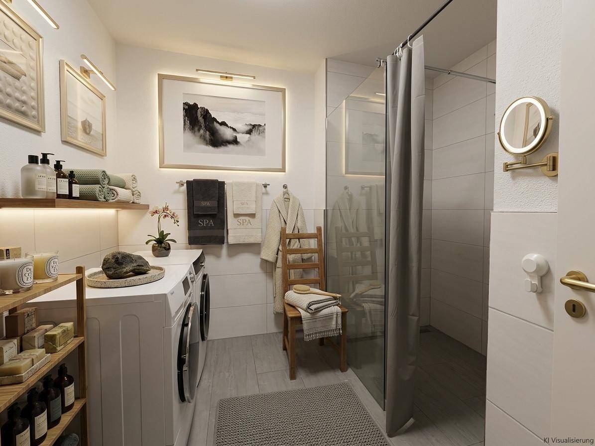 Helles Badezimmer mit Duschkabine, Waschmaschine und Trockner.