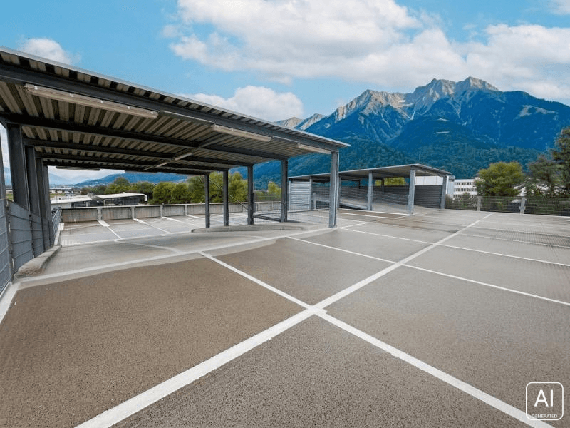 Großer Außenparkplatz mit überdachten Stellplätzen und beeindruckendem Bergblick im Hintergrund.