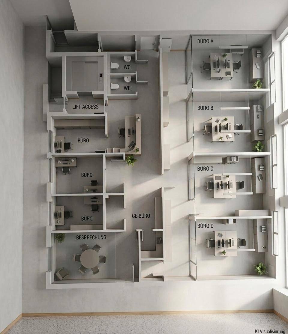Heller 3D-Grundriss einer Büroetage mit möblierten Büros, Besprechungsraum und Sanitäranlagen.
