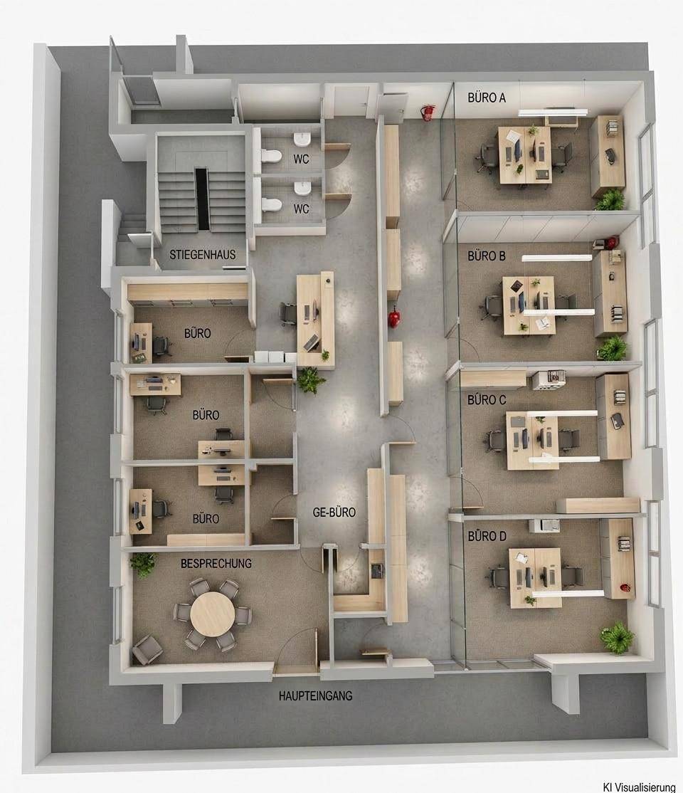 Farbiger 3D-Grundriss einer Büroetage mit möblierten Büros, Besprechungsraum und Sanitäranlagen.