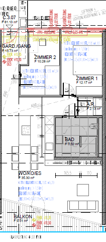 Detaillierter Grundriss einer Wohnung mit offenem Wohn-, Koch- und Essbereich sowie Balkon.